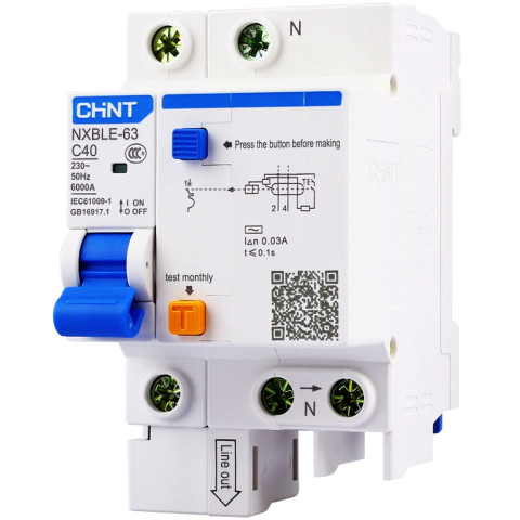 Attomat chống giật 63a dòng dò Chint NXBLE-63 1P+N Aptomat